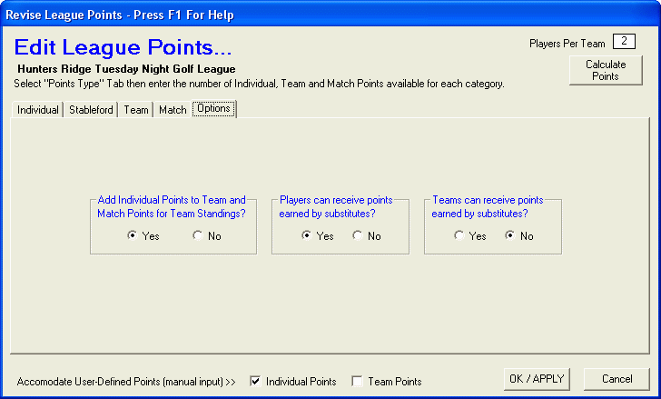 Points Options Setup Panel