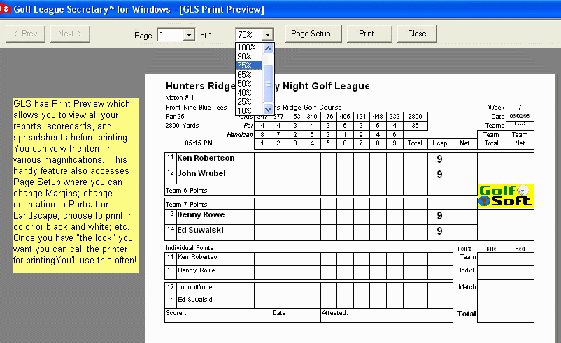 Print Preview screen in Golf League Secretary