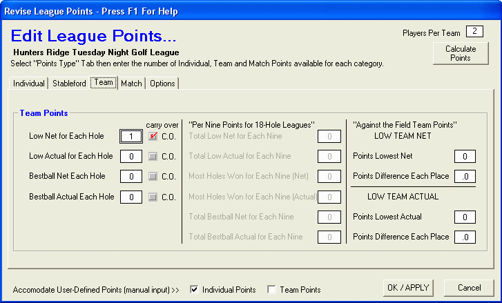 Team Points Setup Panel